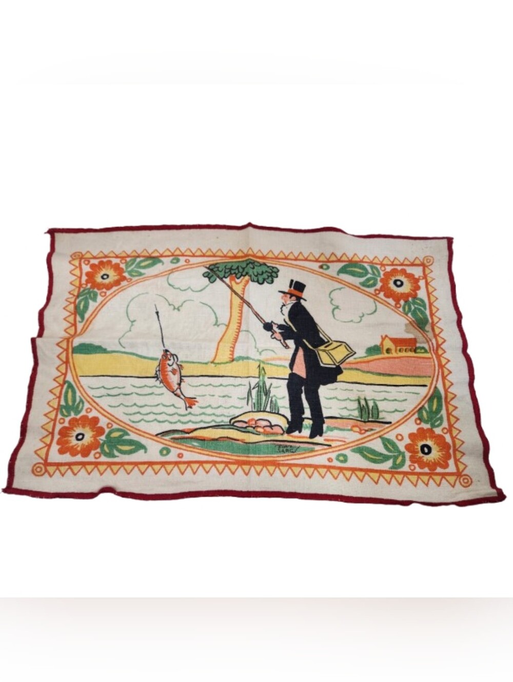 Vintage Tony Sarg 30s Napkin Linen Fishing